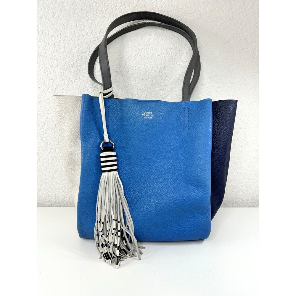 VINCE CAMUTO Nylan Bag Pebbled Leather Tassel Tote Purse Handbag White Blue Gray